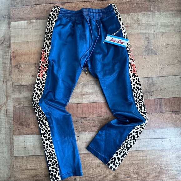 JUST DON Tearway Track Pants Blue Satin Leopard Trim Men MEDIUM NEW WITH TAG - Picture 1 of 12